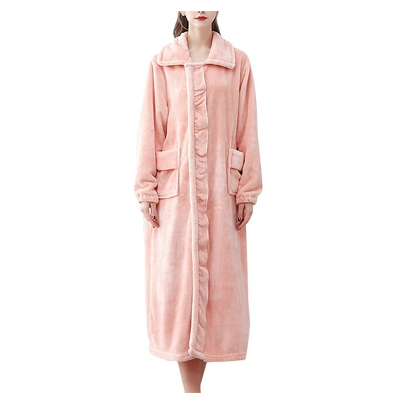 POIUYTR Women's Plush Long Robe Warm Soft Fleece Bathrobe Button Up Housecoat Winter Fuzzy Spa Bath Robe Loungewear Sleepwear with Pockets