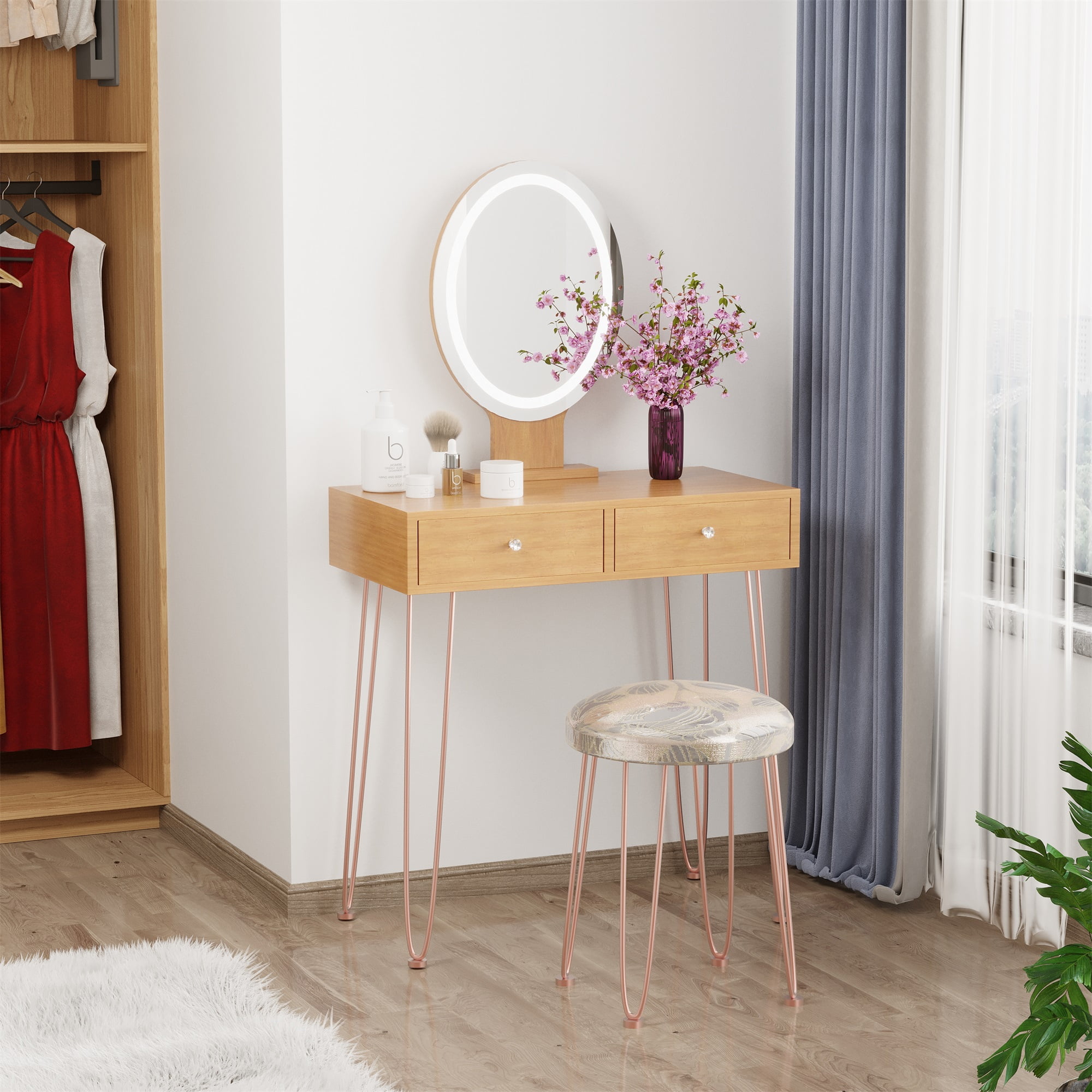 Spaco Modern Dressing Table with 3 Color Lighting Brightness Adjustable, Vanity Desk with 2 Wood Cosmetic Table Chest of Drawers and Gray Padded Stool, Nature Spaco Modern Dressing Table with 3 Color Lighting Brightness Adjustable, Vanity Desk with 2 Wood Cosmetic Table Chest of Drawers and Gray Padded Stool, Nature