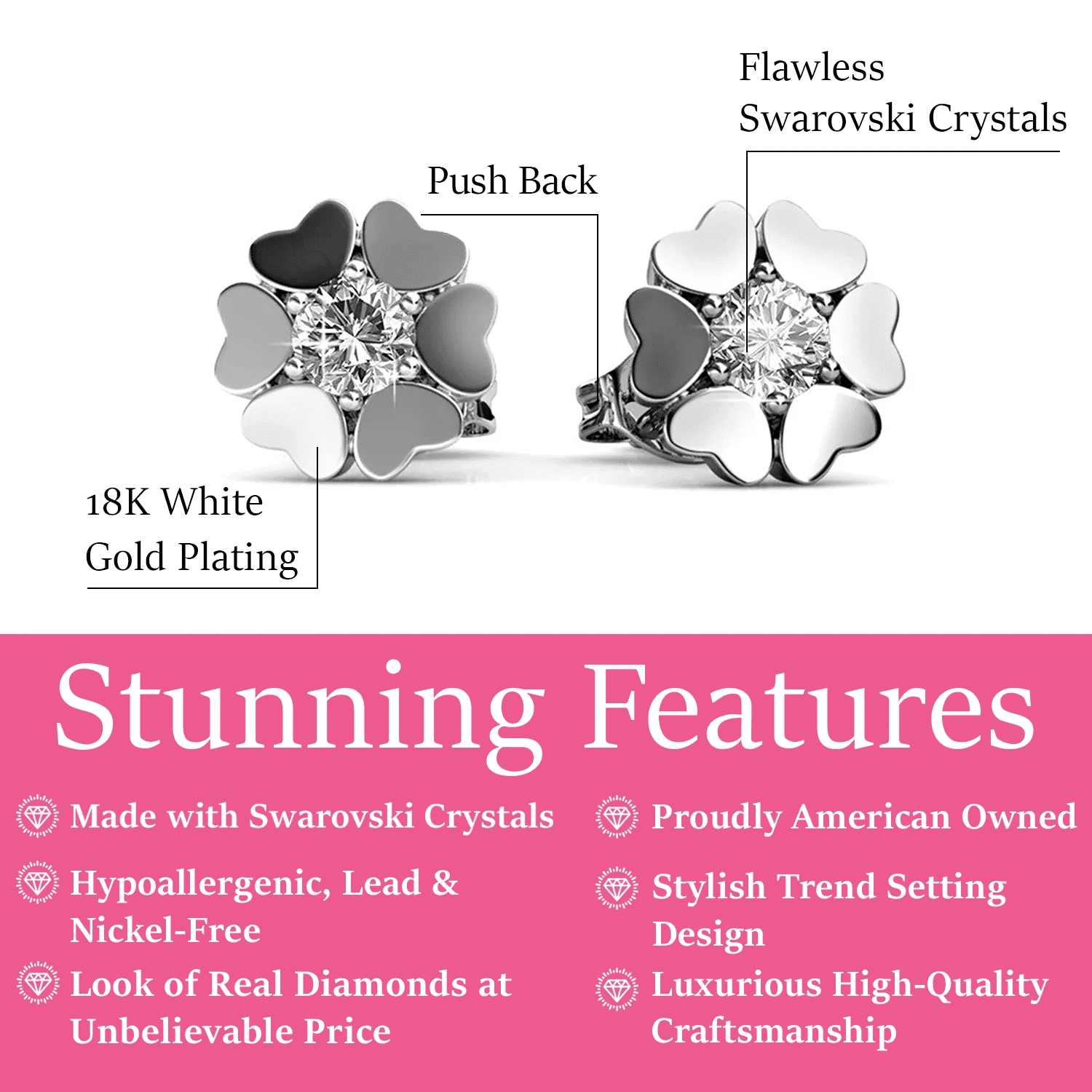 Cate & Chloe Khloe 18k White Gold Plated Heart Stud Earrings with Swarovski Crystals Gift for Women