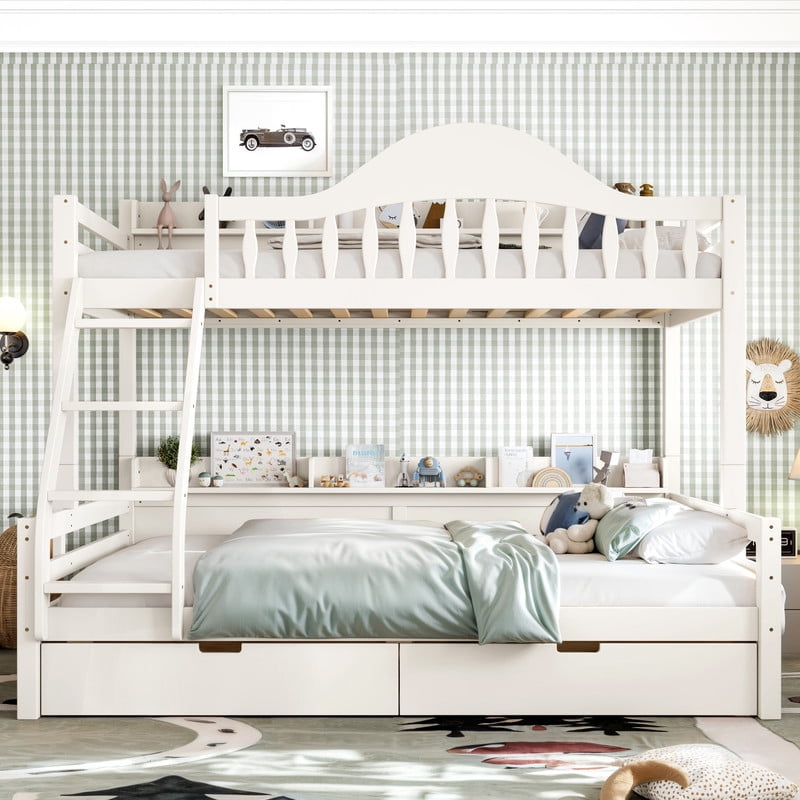 Twin-Over-Full Wood Bunk Bed with Curved Guardrail & Ladder, Chic Kids Storage Bed Frame with Drawers & Bedside Shelves