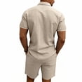 thumbnail image 3 of GrmtClth Men's Linen Henley 2 Piece Short Set, Casual Short Sleeve Henley Shirt with Button Detail & Elastic Drawstring Waist Shorts Khaki 3XL, 3 of 4
