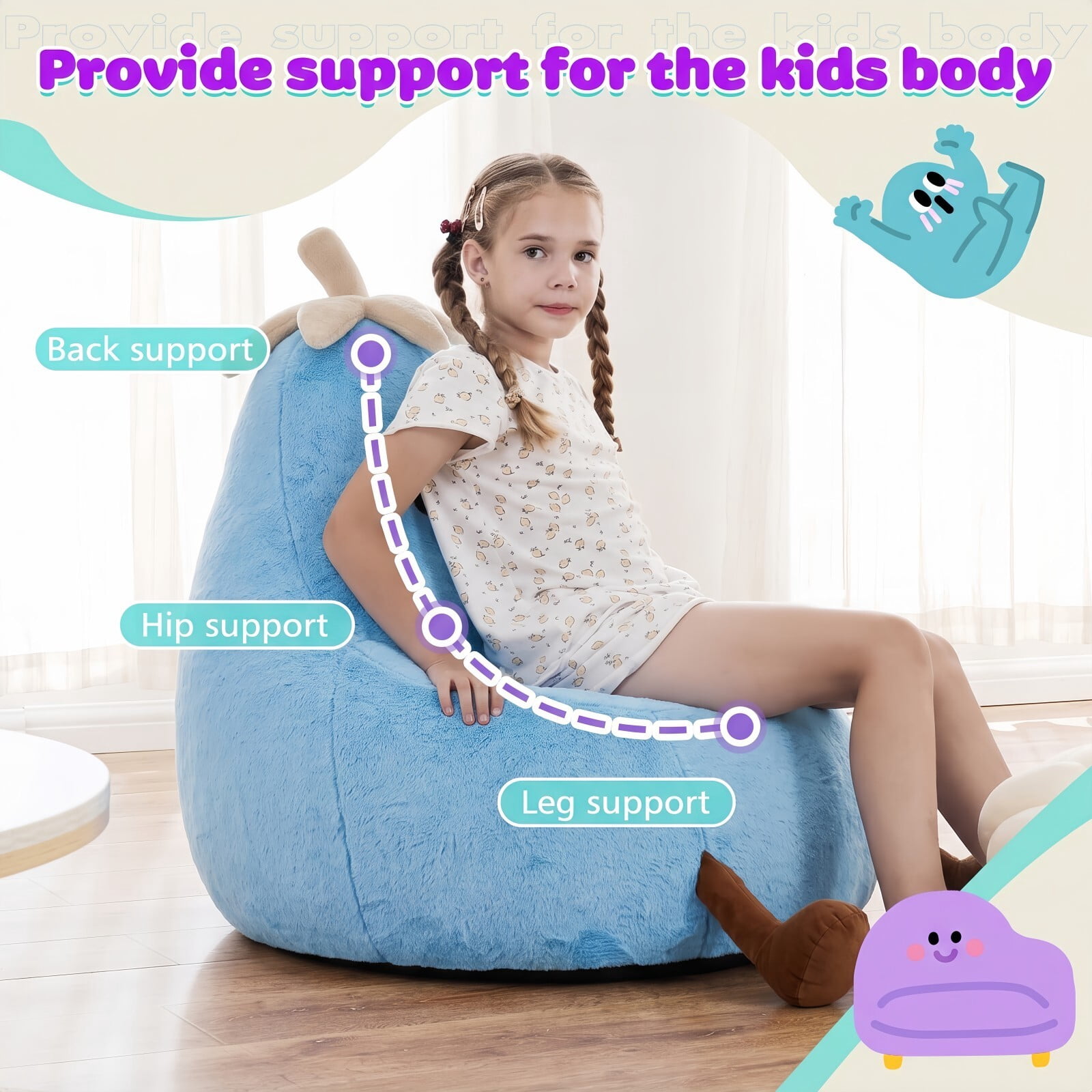 Kelno 24" Kids Bean Bag Chair Faux Rabbit Fur Lazy Chair Toddler Couch, Blue