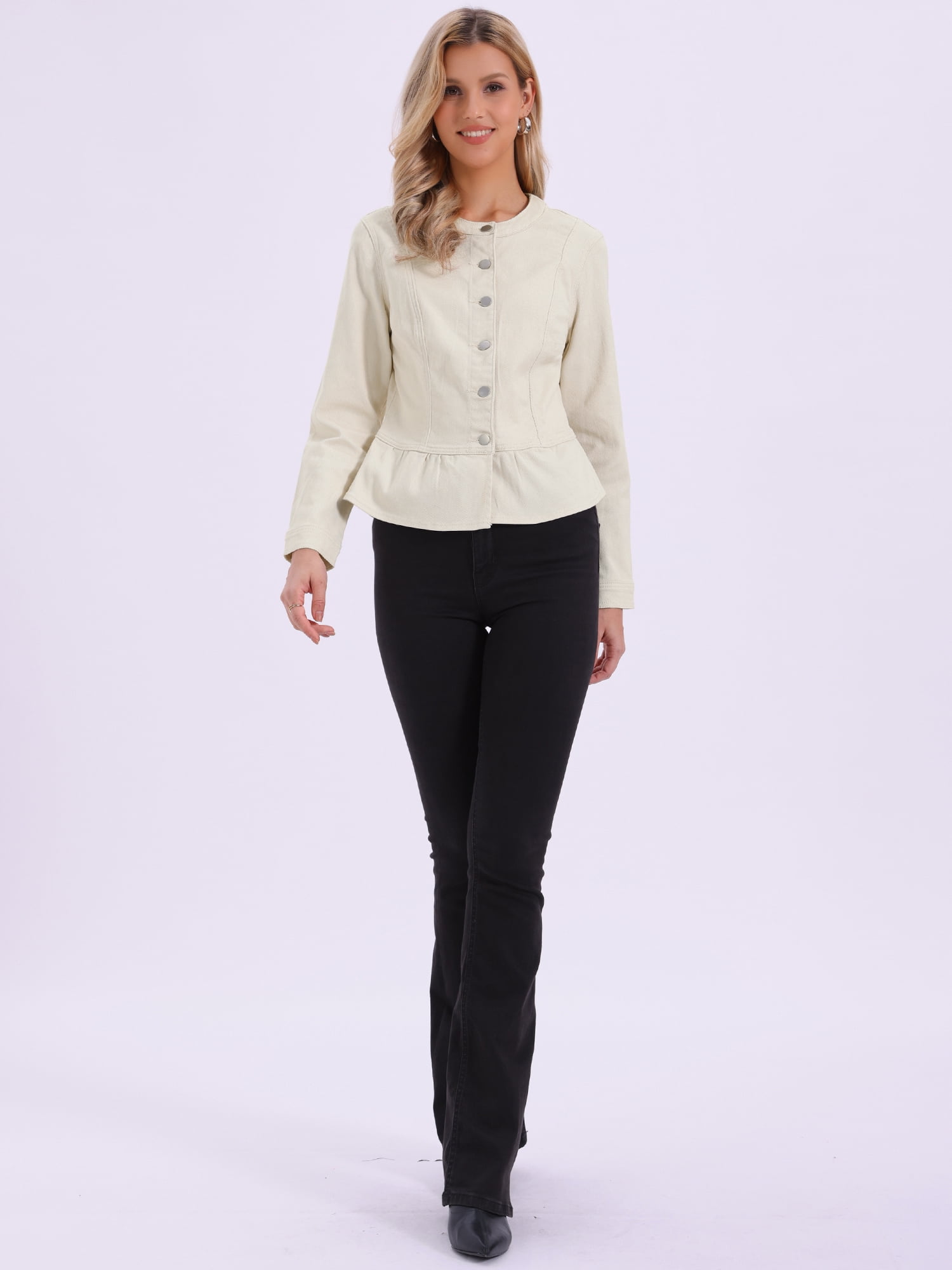 DARING DIVA Women's Peplum Hem Button Down Collarless Jean Jacket M Oyster