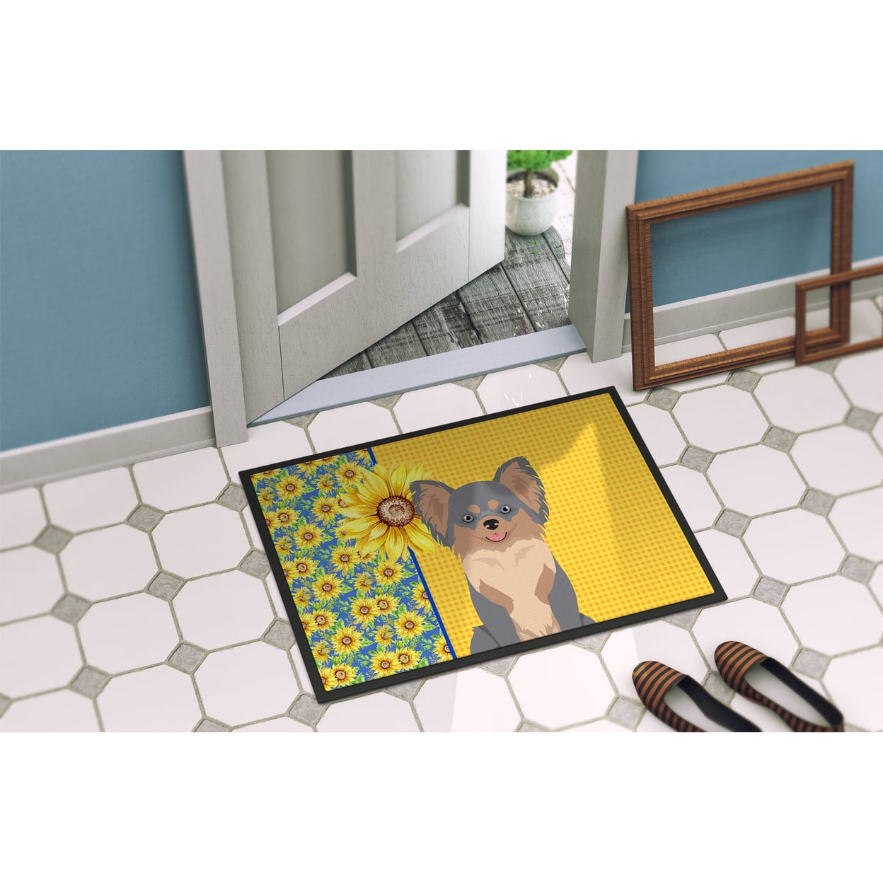 Summer Sunflowers Longhaired Blue and Tan Chihuahua Indoor or Outdoor Mat 24x36