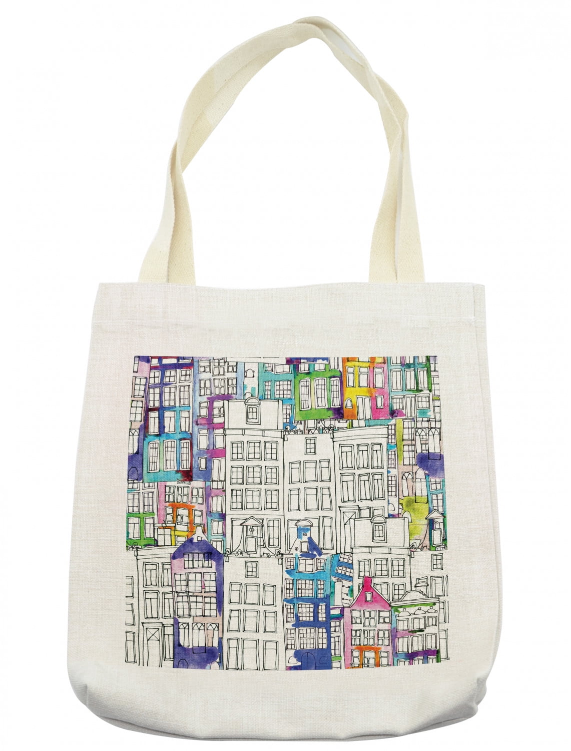 Amsterdam Tote Bag, Handdrawn Style Houses of Vibrant Watercolor