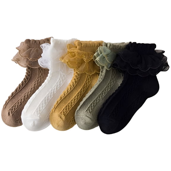 OQRKI 5 Pack Girls Ruffle Socks Frilly Double Lace Socks Cotton Turn Cuff Socks Toddler Pageant Socks for Girls
