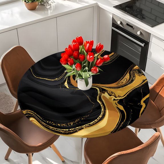 Black Marble Elastic Fitted Round Tablecloth Golden Fluid Abstract Art Waterproof Outdoor Table Cover for Holiday Party, Picnic, Patio & Dining Fits Tables Up to 55"-60"