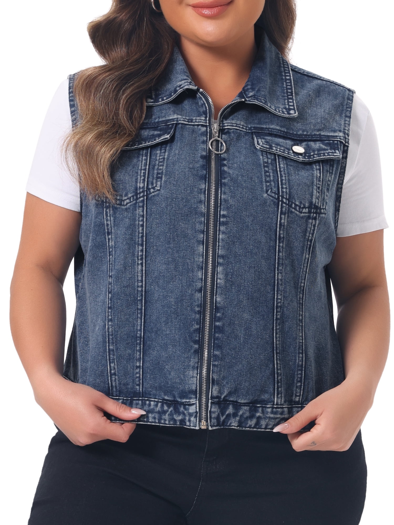 DARING DIVA Women's Plus Size Sleeveless Zip Up Button Down Jeans Vest 3X Washed Blue