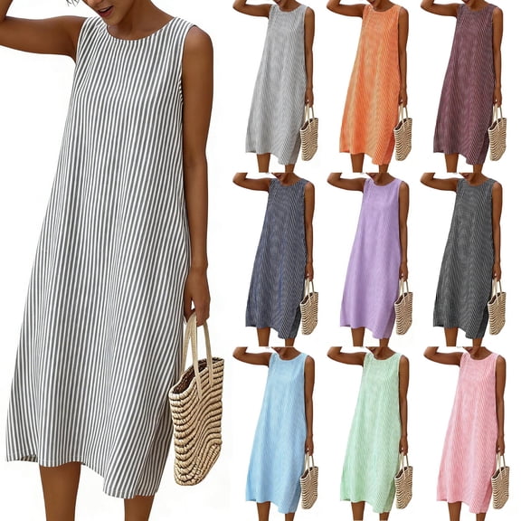 PIWHJQK Women Casual Sleeveless Midi Dress Women Stripe Print Dress Round Neck Sleeveless With Pockets Long Summer Dress