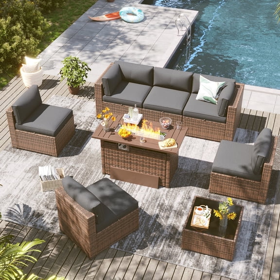 Clouddwell 8 Piece Outdoor Patio Furniture Set with 44" Fire Pit Table, Wicker Rattan Patio Sectional Sofa Set (Grey)