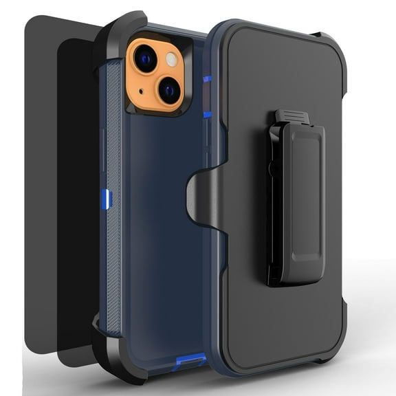 Hotpom for iPhone 15 Case with 2 Pack Privacy Screen Protector Heavy Duty Shockproof Drop Proof Protection Women Men universal Phone Cover with Black Belt Clip, Blue/Dark Blue