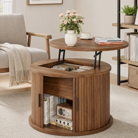 Seetech 23.6" Drum Lift Top Coffee Table with Hidden Storage, Wooden Round Center Table with Sliding Door, Walnut