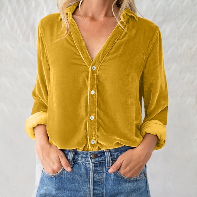 Qertyioot Mode Chemise Décontractée à Manches Longues pour Femmes avec Col Rabattu et Boutons