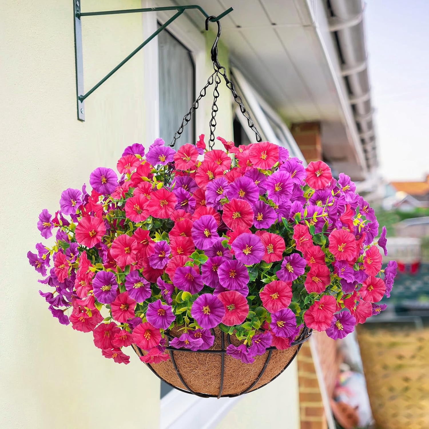 Waipfaru Artificial Hanging Flowers in Basket,Fake Hanging Plants for Outdoors Spring Summer Decoration,UV Resistant Petunias Flower for Garden Porch Patio Balcony Decor