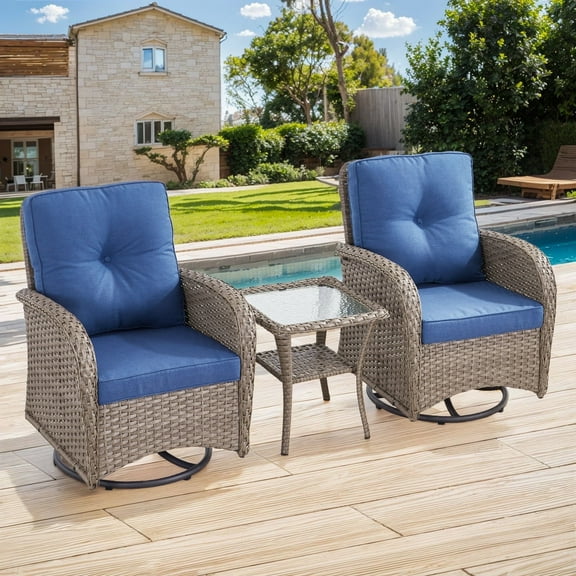 Gymojoy Outdoor 3-Piece Conversation Set, Patio Wicker Swivel Glider Rocker Chair Set for Porch Balcony Backyard, Blue Cushions