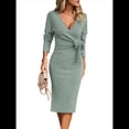 thumbnail image 3 of Vestido de Suéter de Larga para Mujer, Vestido Ajustado con Abertura Lateral, Otoño, Midi, , Escote en V Profundo, Ajustado, Verde M, 3 of 8