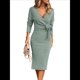 thumbnail image 3 of Vestido de Suéter de Larga para Mujer, Vestido Ajustado con Abertura Lateral, Otoño, Midi, , Escote en V Profundo, Ajustado, Verde XXL, 3 of 8