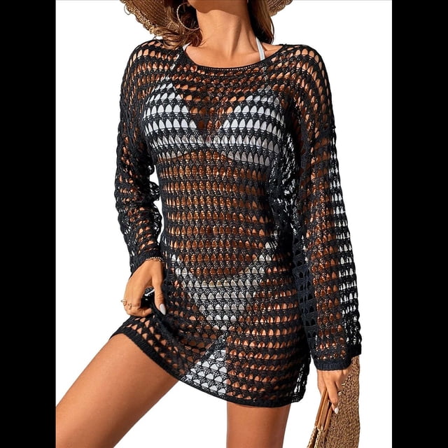 Vestido de Crochet de Gran Tamaño para Mujer, con Cuello y Aberturas, para Verano 2025. Negro Talla Única