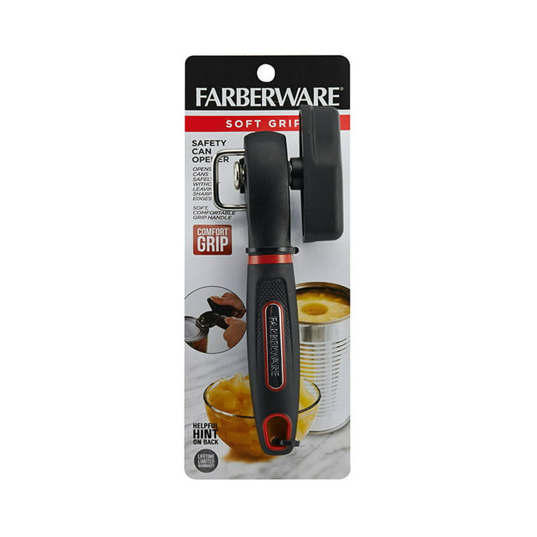 Farberware Soft Grips Safety Can Opener in Black with Red Accents