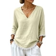 thumbnail image 5 of Qzwdhjm Linen 3/4 Sleeve Tops for Women V Neck Loose Fit Shirts with Frayed Hem Summer Fall Casual Blouses for Dailywear, 5 of 8