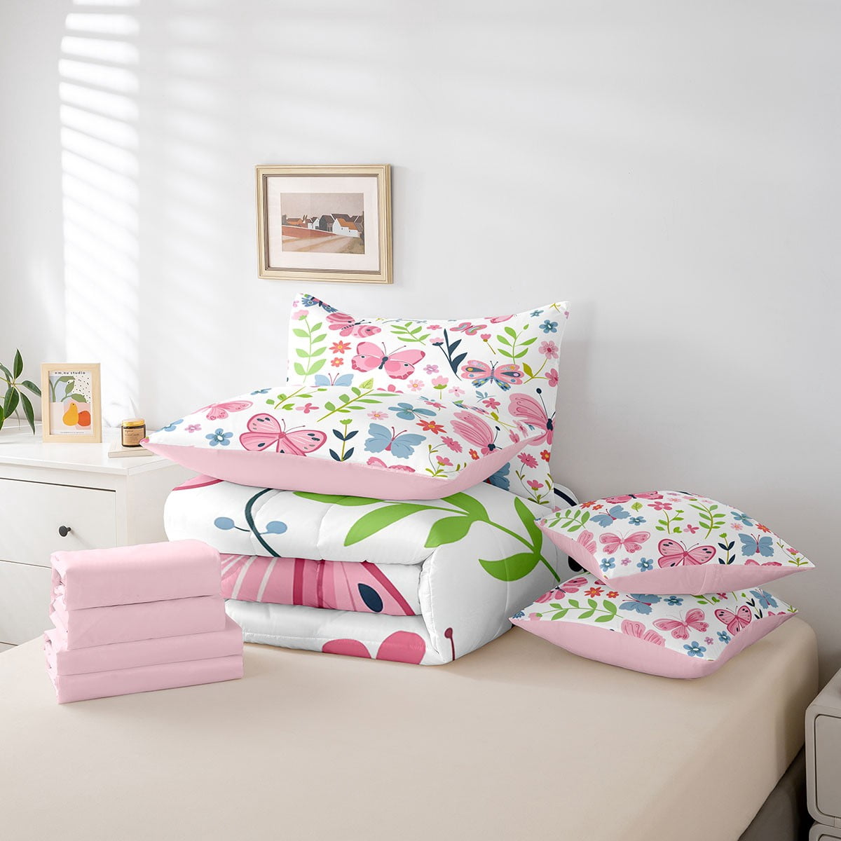 jejeloiu Colorful Cute Flower Twin Bedding Sets 7-Piece,Chic Kawaii Butterfly Bedding Comforter Set,Plant Floral Leaves Sheet Sets For Girls Kids,Microfiber Room Decoration Reversible