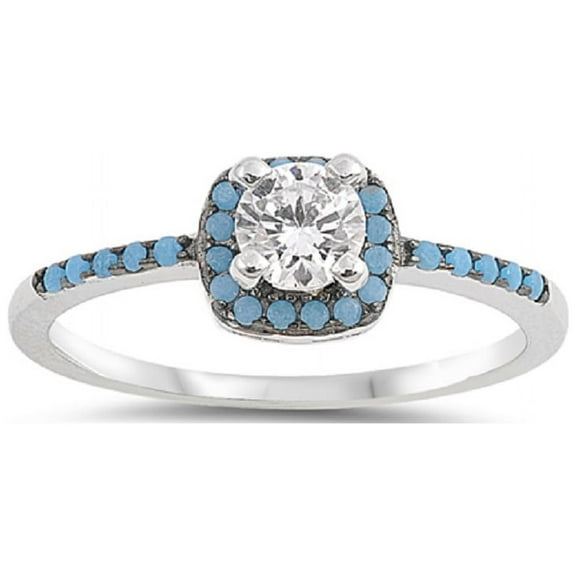Round Clear Cubic Zirconia Center With Simulated Turquoise Mystere Ring Sterling Silver