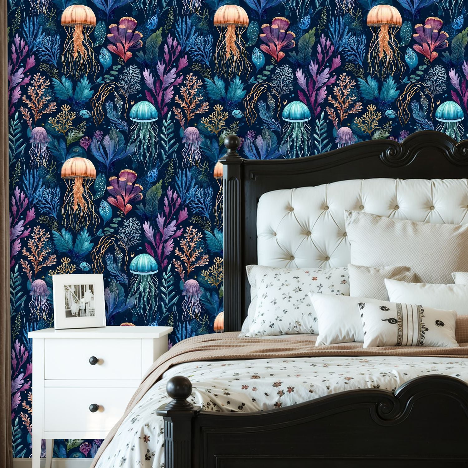 Peel and Stick Wallpaper Vibrant Underwater Jellyfish Seaweed Wall Mural 23.6in x 9.8ft Self Adhesive Removable Wall Paper Renter Friendly Wallpaper for Nursery Bedroom Cabinets