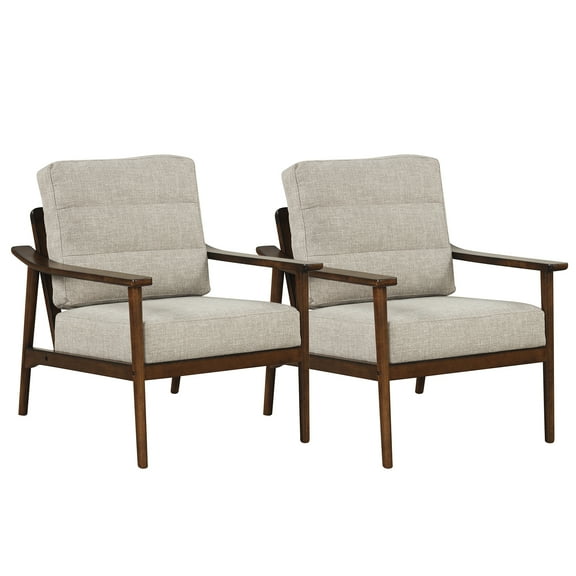 Gymax 2 PCS Modern Accent Chair Upholstered Leisure Armchair w/ Rubber Wood Armrests & Legs Grey & Dark Brown