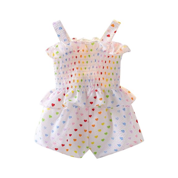 Mercatoo Summer Clothes Baby Girls Heart Shaped Print Sleeveless Lace Suspender Ruffle Top Shorts 2Pcs Outfit Kids Set