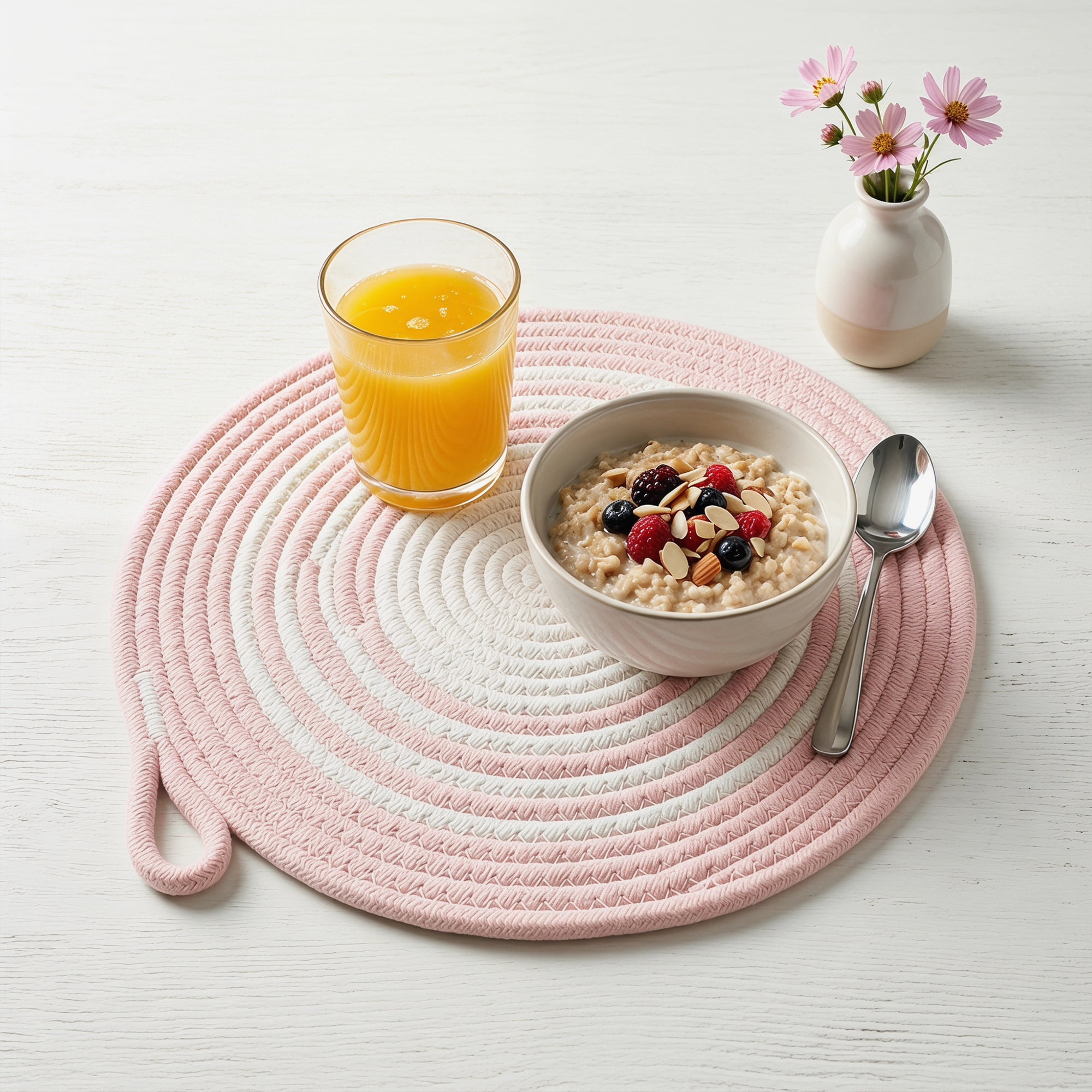 Unique Bargains 6Pcs Woven Dining Table Decor Round Placemats Pink 11.8x11.8in