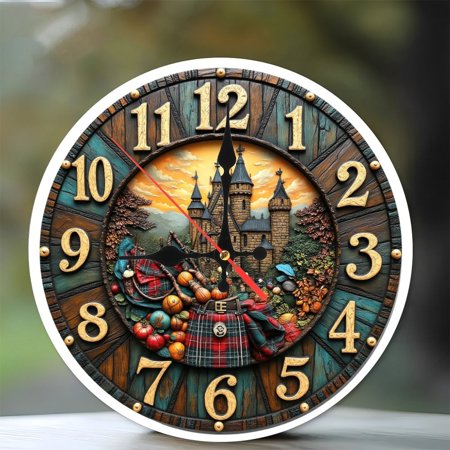 Scottish Castle 2D Wall Clock Handmade Resin 10-Inch Silent Wooden Wall Clock, Battery Operated (AA Batteries Not Included), Artistic Home Decor