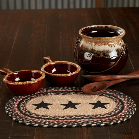 VHC Brands Primitive Colonial Star Table Placemat, Tan Black Red, Jute Blend, Oval, 10x15 Inches