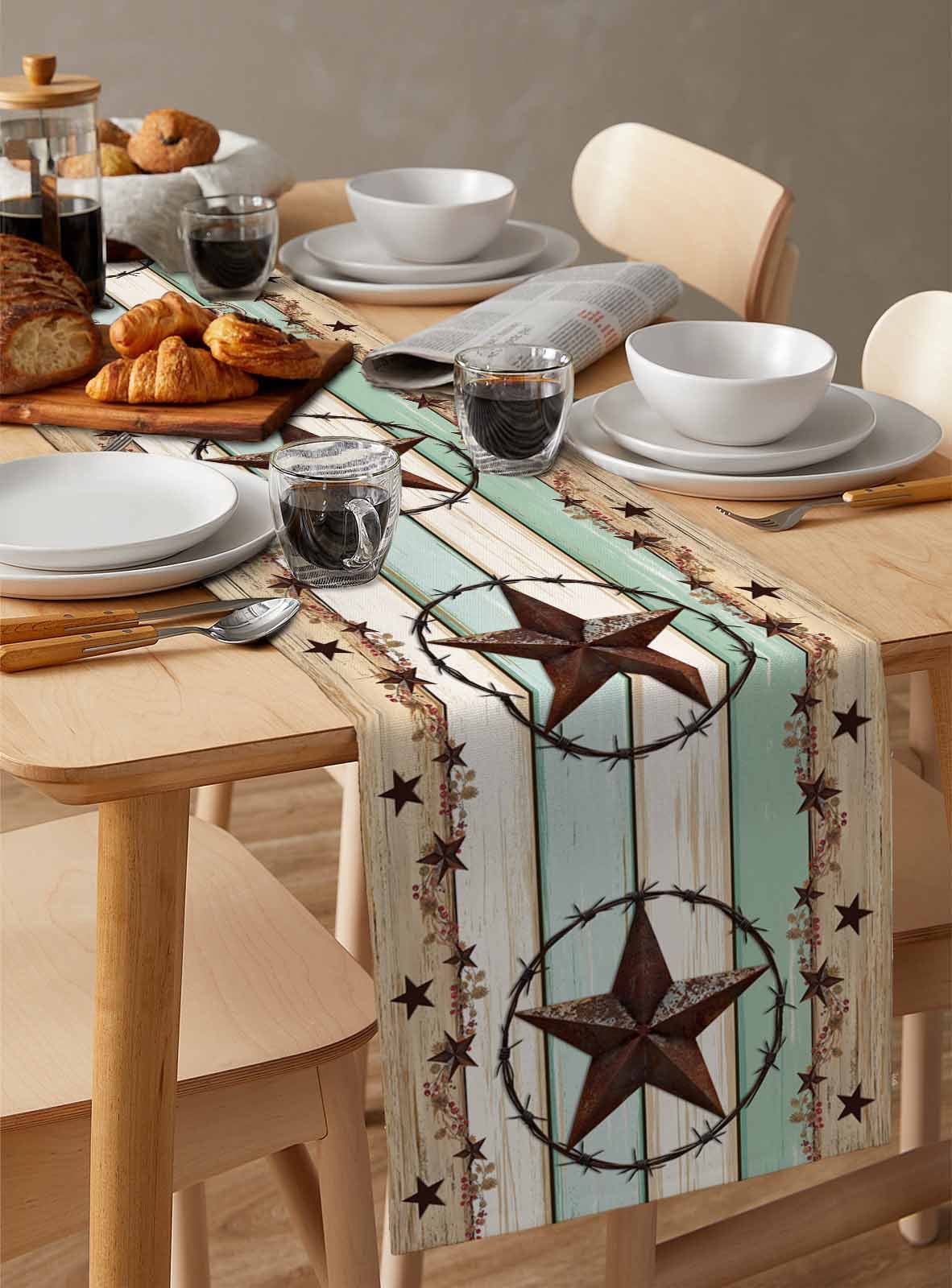 nqOlkjepod Western Texas Star Green Table Runner 72 Inches Long Farmhouse Dress Scarves, Farmhouse Brown Country Vintage Dining Tablerunner for Coffee Table/Kitchen Island/Party Décor, 13" x 72"