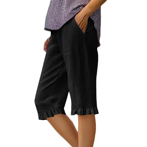 CUZIBR Womens Capri Pants With Pocket Casual Trendy Baggy Pants Ruffles Drawstring Relaxed Fit Lightweight Beach Travel Everyday Loungewear Cozy Party Bottoms,Black,L