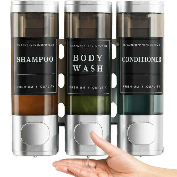 MSOEIA No Drill 3-Chamber Shower Dispenser - Holds Shampoo, Conditioner & Body Wash - Large Capacity Bath Organizer - Brushed Silver