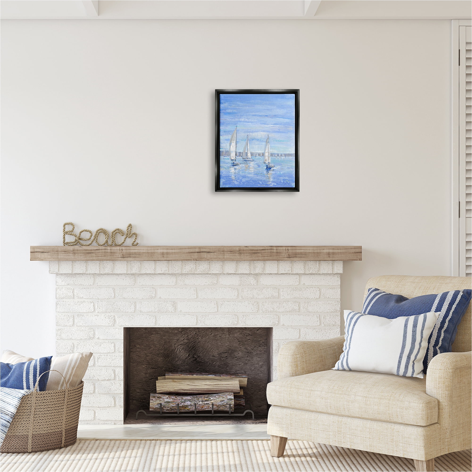 Stupell Industries Blue Sailboat Fleet Transportation Painting Black Floater Framed Canvas Art Print Wall Art, 17 x 21