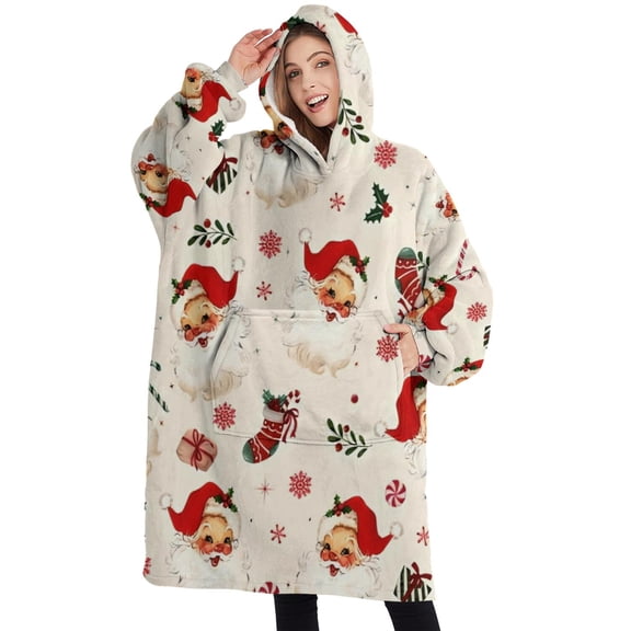 Oversized Wearable Blanket Hoodie,Beige Christmas Santa Pattern Sherpa Blanket Hoodie with Super Pockets,Super Warm Fuzzy Pullover for Women & Men