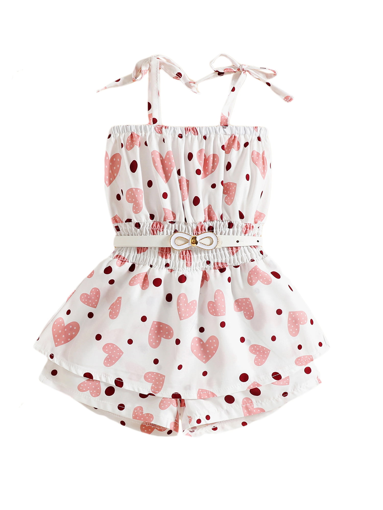 Toddler Baby Girl Summer Outfit Floral Print Self Tie Sling Short Romper Jumpsuit with Bowknot Belt 