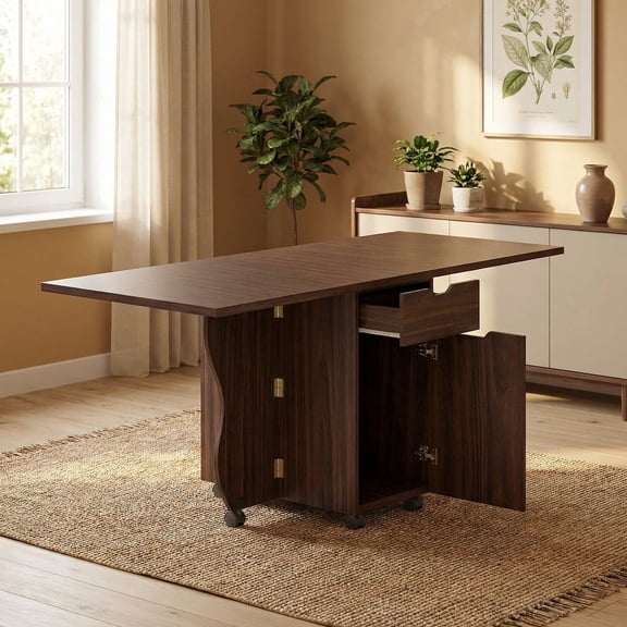 Resenkos 3-in-1 Folding Dining Table, Drop Leaf Space-Saving Table with Lockable Wheels for Kitchen, Walnut
