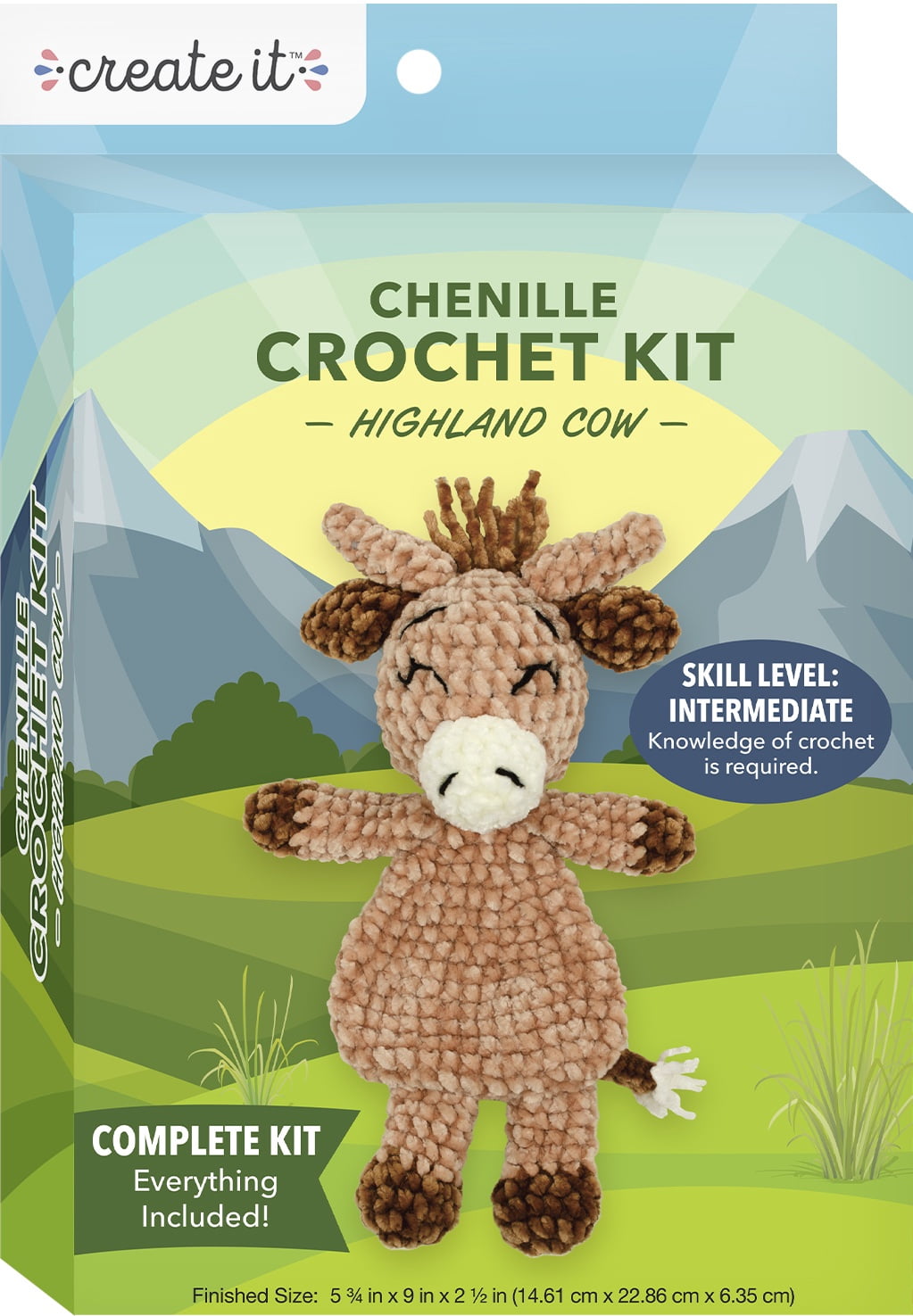Create It Amigurumi Crochet Kit, Intermediate Skill Level, Comple DIY Set with Chenille Yarn, Highland Cow Design, Brown, 1 Kit