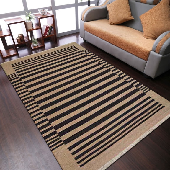 Rugsotic Carpets Hand Woven Flat Weave Kilim Wool Eco-Friendly 5'x8' Area Rugs Rectangle Cream Charcoal Contemporary Modern Design Low Pile Indoor Handmade Rug for Living Room, Bedroom D00125