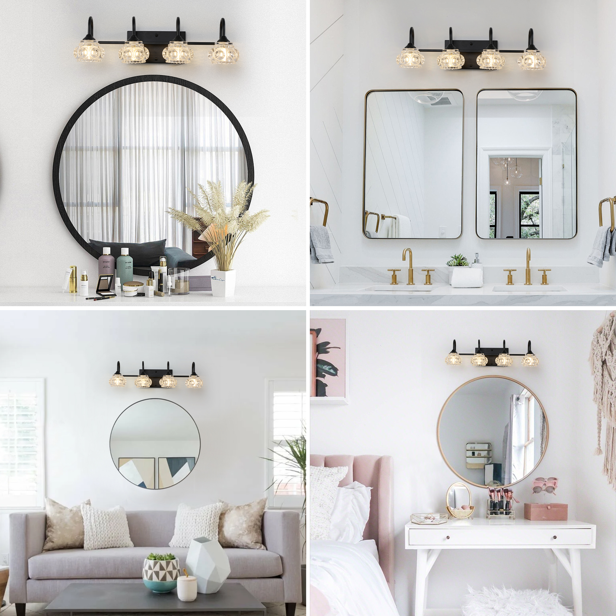 Leumius Retro 4-Light Bathroom Vanity Light Fixture - Black Finish with Crystal Glass Shades, Wall Mounted Lighting for Bathroom, Powder Room, and Vanity Mirror (No Bulbs)