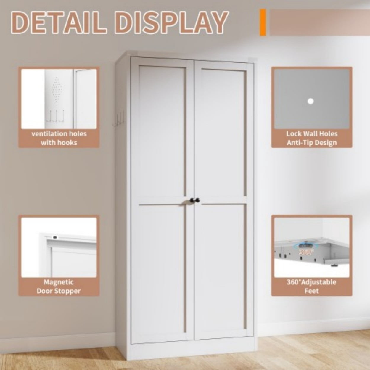 61" Metal Kitchen Pantry Cabinet, Heavy Duty Freestanding Storage Cabinet with 4 Adjustable Shelves, Farmhouse Organizer with Doors for Kitchen Living Room, White