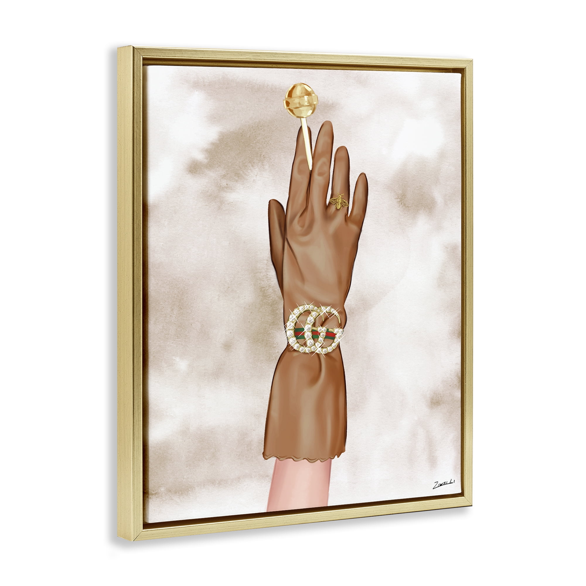 Stupell Industries Tan Glamorous Glove Fashion Painting Gold Floater Framed Canvas Art Print Wall Art, 25 x 31