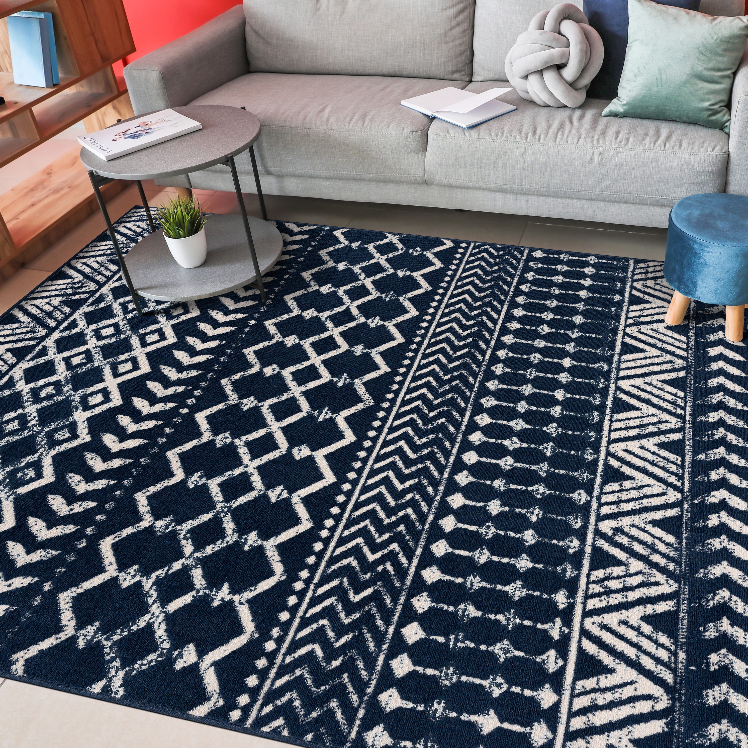 CAMILSON Crystal Navy Blue Area Rug 5'x7' Oval Boho for Living Room Bedroom Dining Room Navy Blue / Cream Indoor Area Rugs