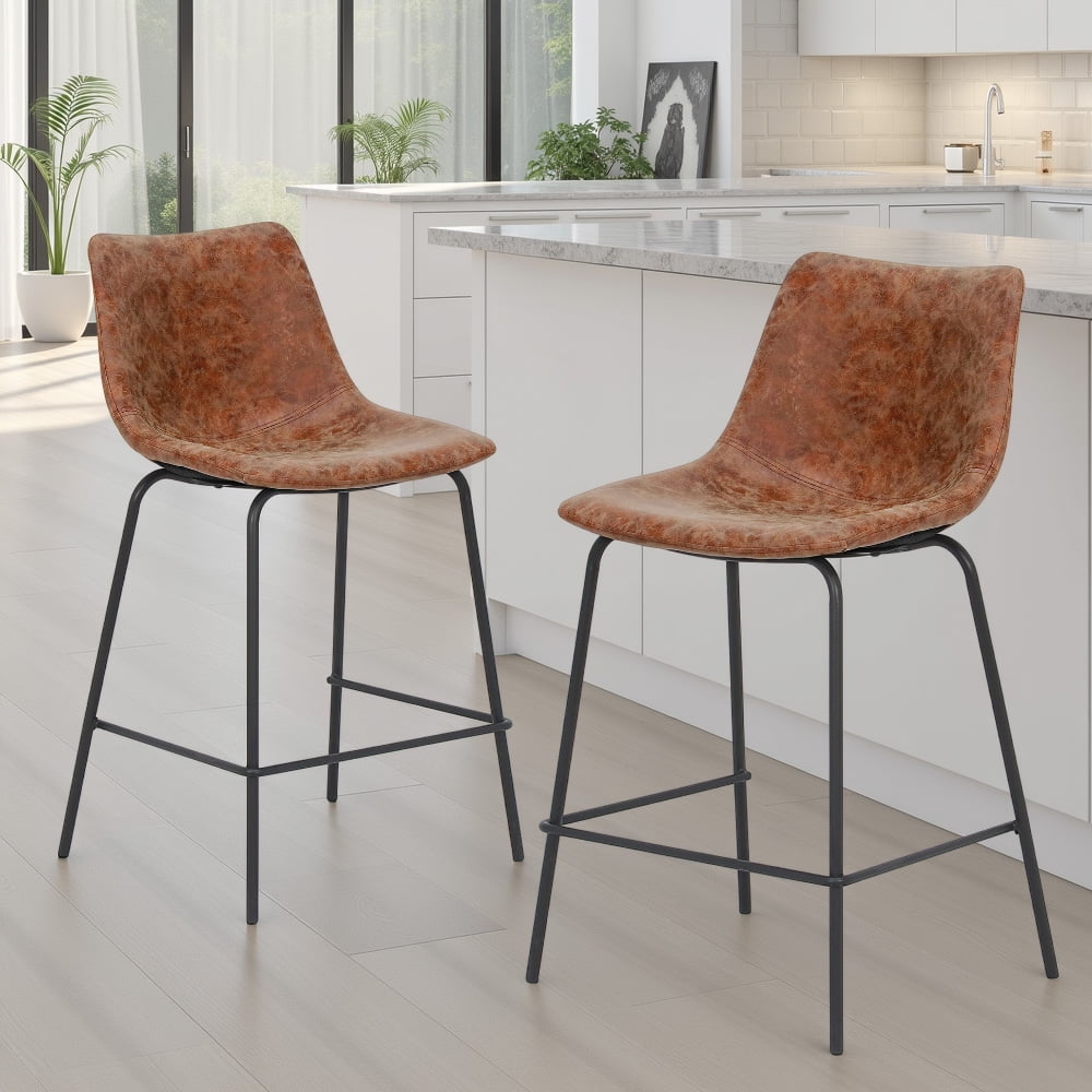 Abble 24 inch Bar Stools Set of 2, Faux Leather Upholstered Low Back Kitchen Counter Height Stools with Sled Base, Floor-Scratch Protection,  Camel
