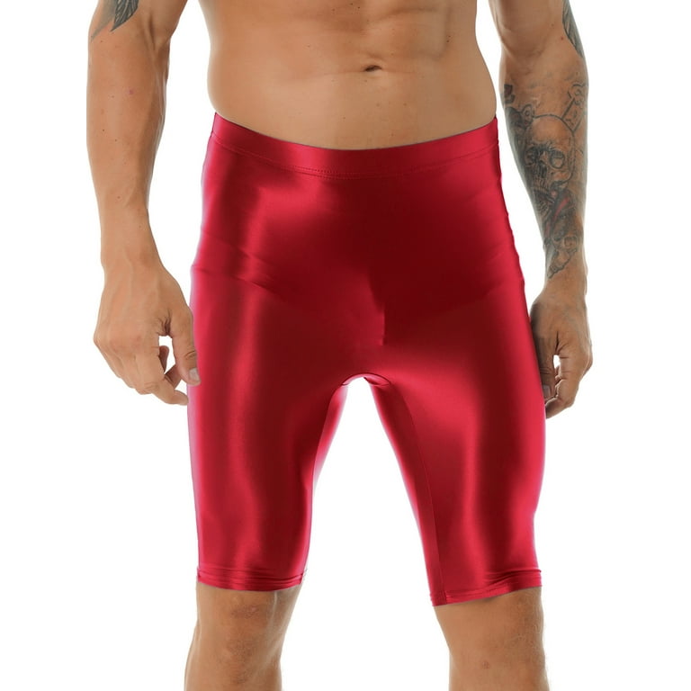 iEFiEL Mens High Waist Shiny Sports Tights Biker Shorts Oil Glossy Workout Compression Shorts Red XL