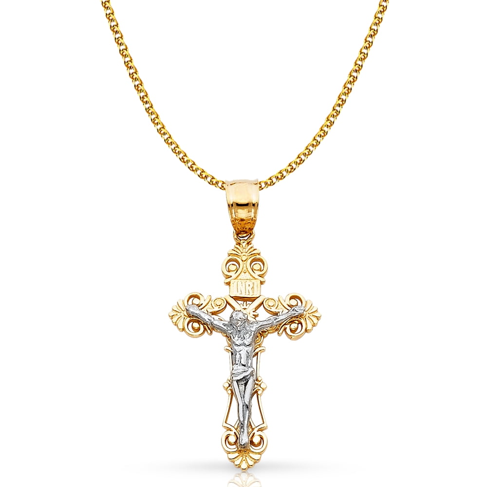 14K Two Tone Gold Jesus Crucifix Cross Pendant with 1.5mm Flat Open Wheat Chain Chain Necklace