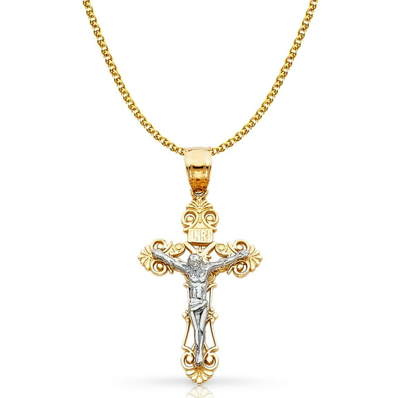 Ioka-14K Two Tone Gold Jesus Crucifix Cross Pendant with 1.5mm Flat Open Wheat Chain Chain Necklace - 22"