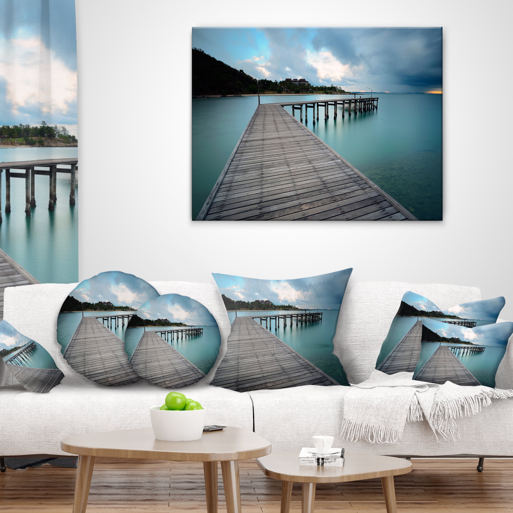 Designart Wooden Bridge to Calm Ocean - Modern Throw Pillow - 16x16